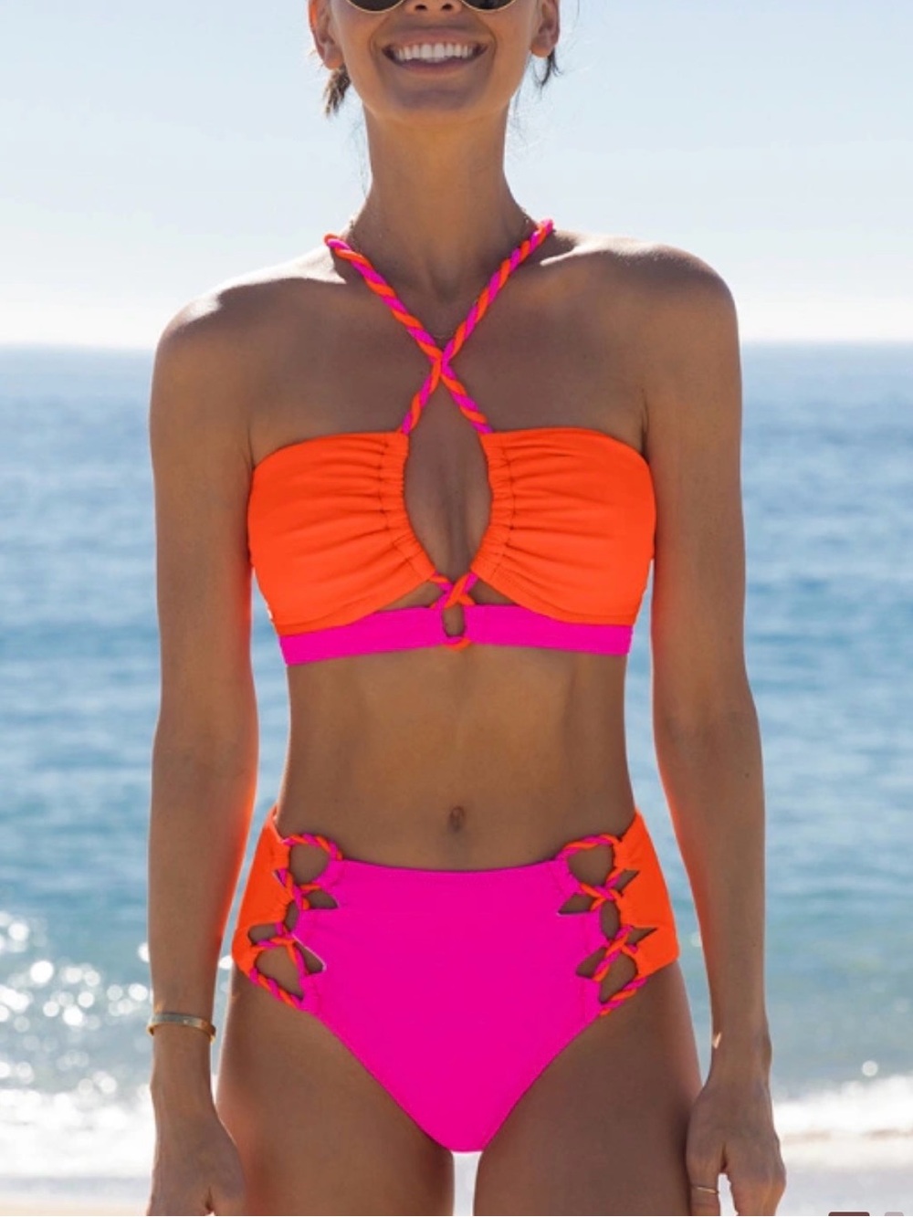 Women’s Popvil Bikini XXL Neon Pink Orange Colorblock Cutout Swimsuit Swim